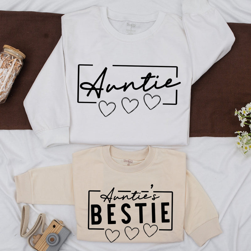 Custom Auntie and Bestie Matching Sweatshirts Stylish Script Design Cozy Fall Family Outfit Baby Girl Gift Soft Cotton Romper