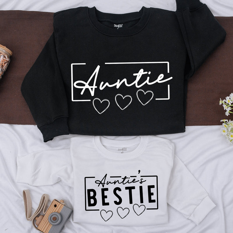 Custom Auntie and Bestie Matching Sweatshirts Stylish Script Design Cozy Fall Family Outfit Baby Girl Gift Soft Cotton Romper