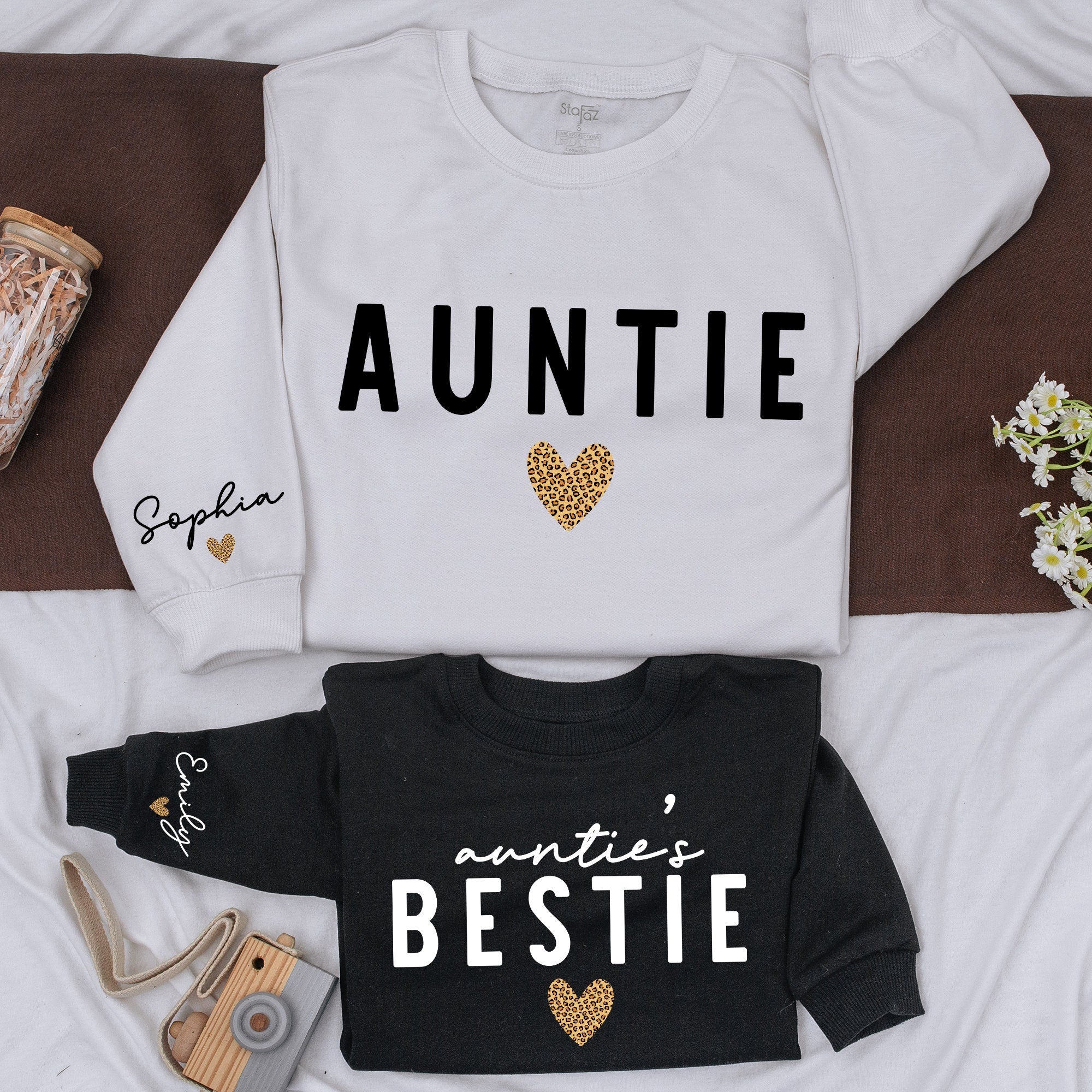 Custom Auntie and Bestie Sweatshirts with Leopard Heart Personalized Family Gift Baby Girl Matching Outfit for Fall Season