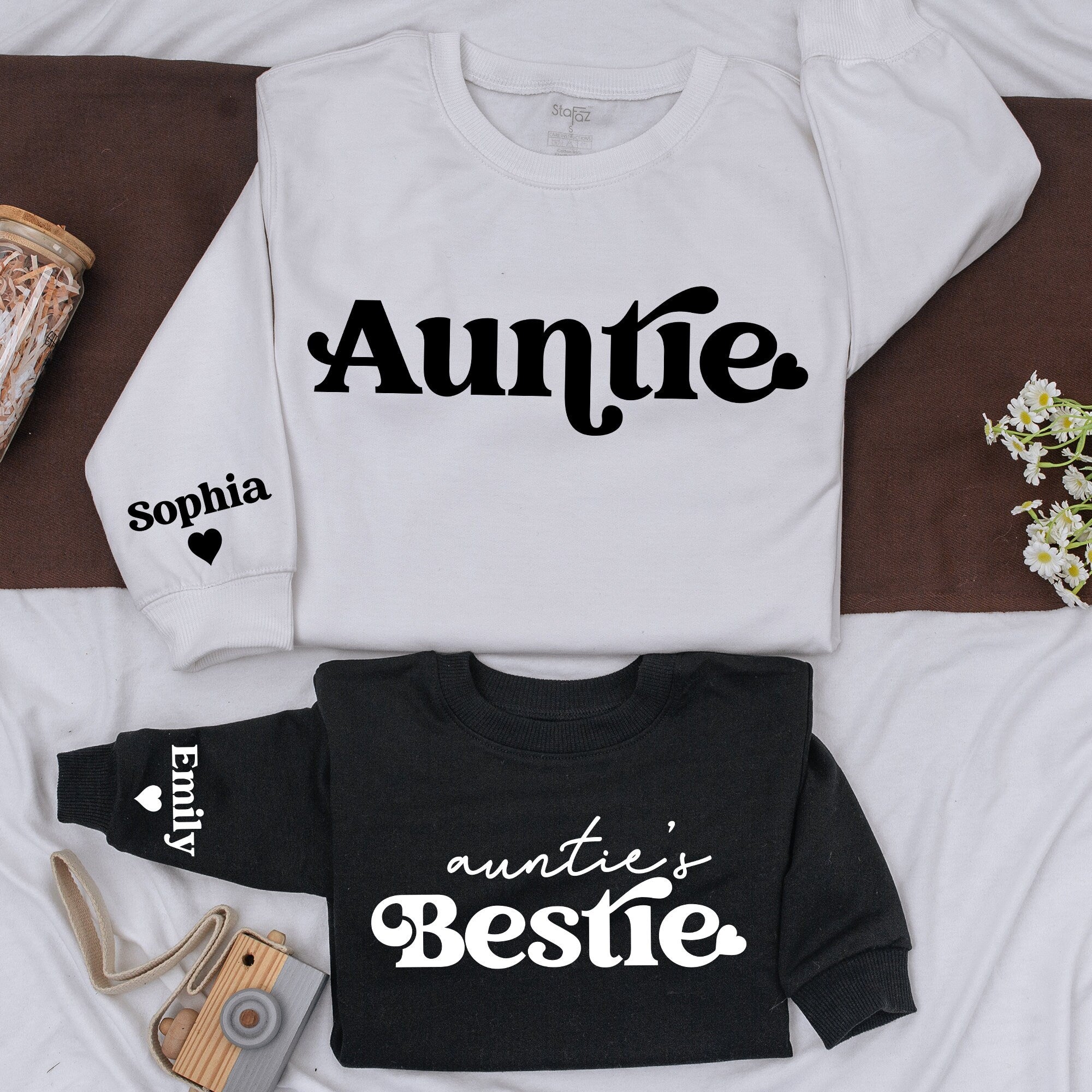 Auntie and Bestie Matching Sweatshirts with Heart Design Personalized for Auntie's New Girl Fun Family Gift Soft Cotton Crewneck