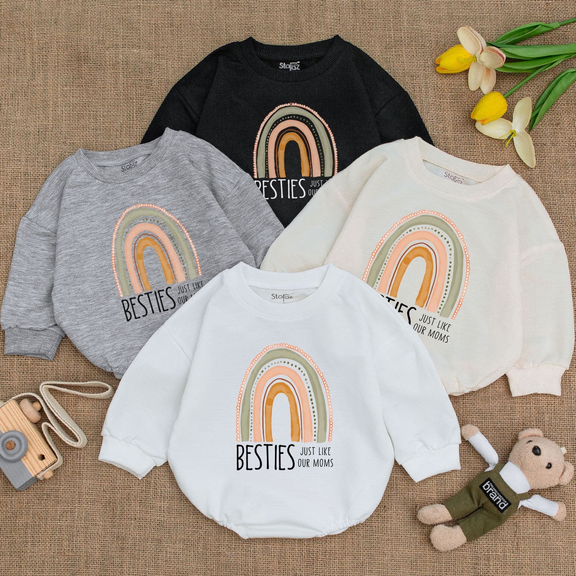 Besties Just Like Our Moms Baby Girl Romper Rainbow Design Soft Cotton Infant Coming Home Outfit Gift from Bestie Birthday Clothes