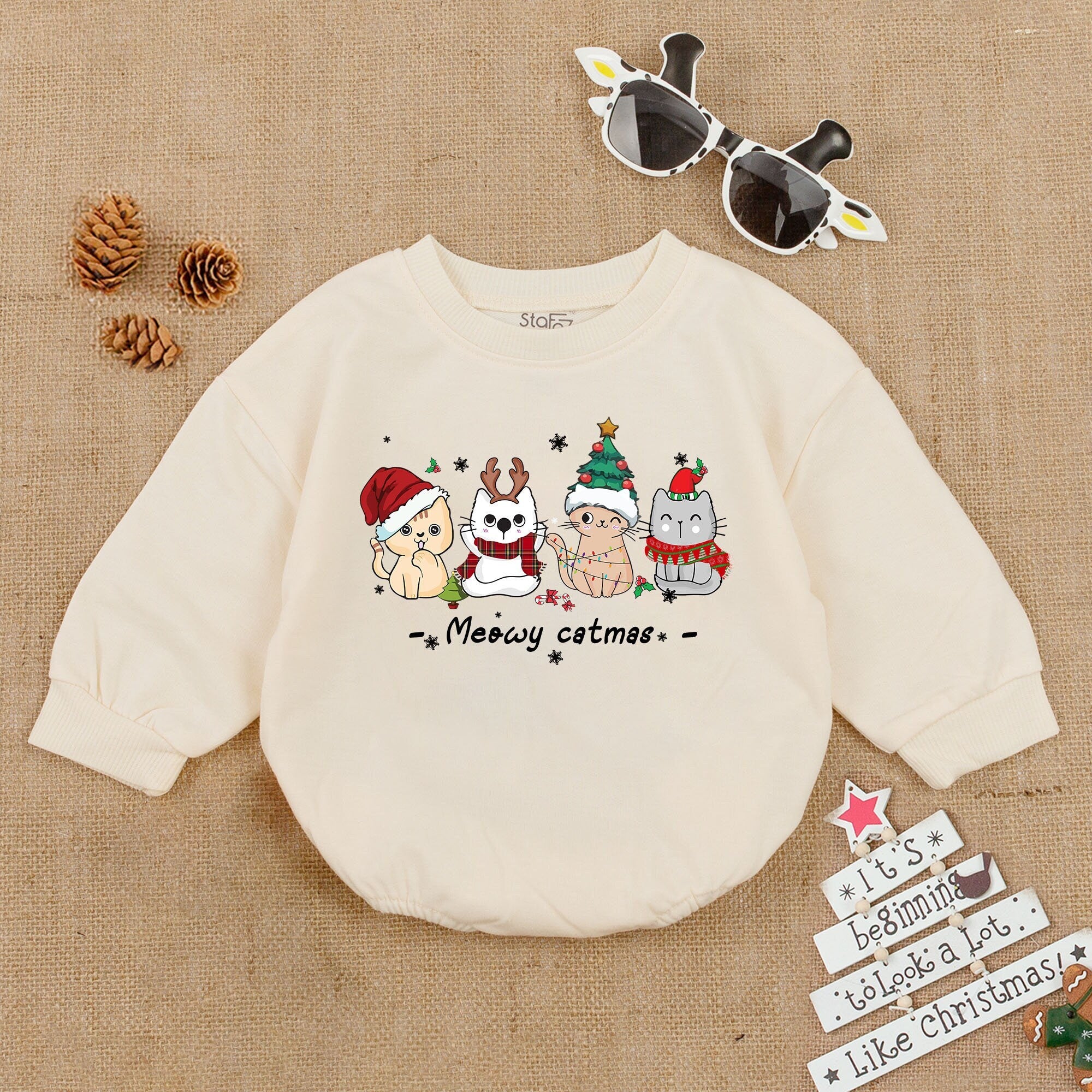 Meowy Catmas Baby Romper Christmas Cats Bodysuit Soft Cotton Holiday Outfit Infant Festive Bubble Romper Cute Gift Boy Girl