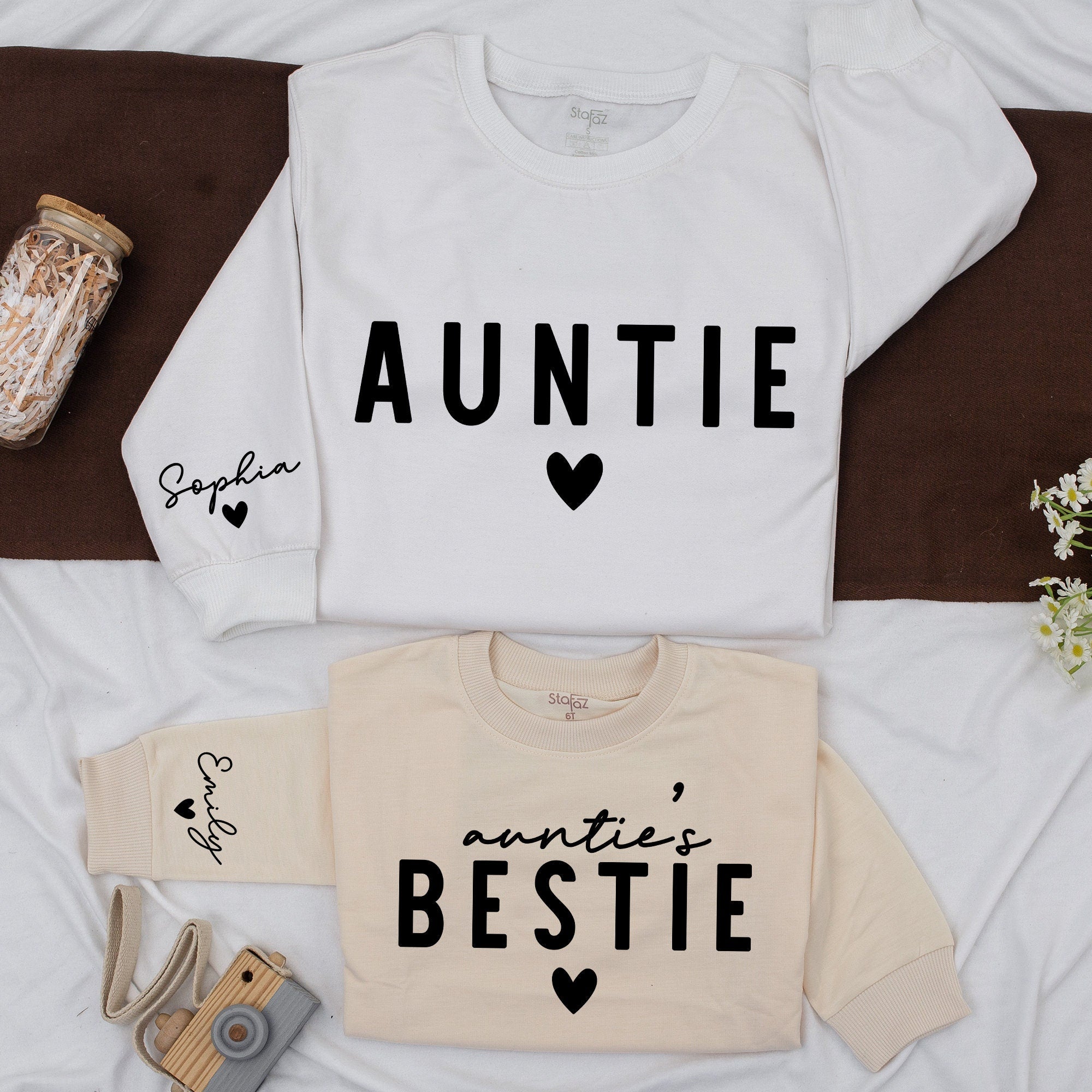 Personalized Auntie and Bestie Shirts with Heart Design Custom Names Soft Cotton Aunt Niece Nephew Gift Matching Family Sweatshirts
