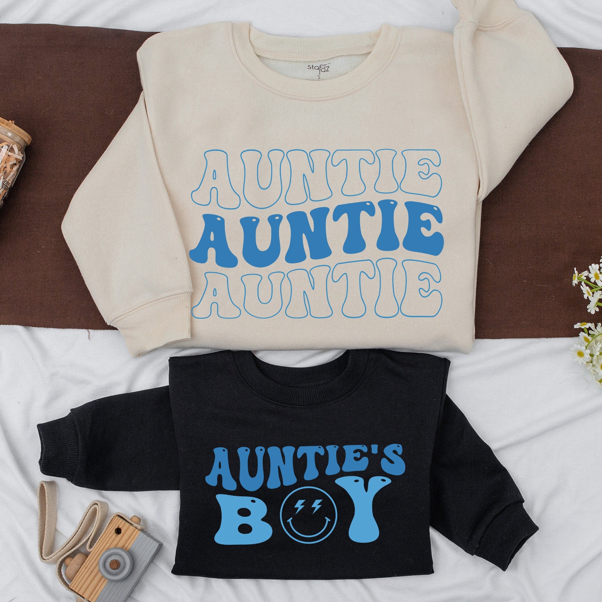 Personalized Auntie and Boy Matching Sweatshirts Fun Blue Bubble Font Family Gift Cozy Holiday Outfit Soft Cotton Toddler Romper