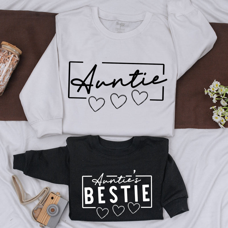 Custom Auntie and Bestie Matching Sweatshirts Stylish Script Design Cozy Fall Family Outfit Baby Girl Gift Soft Cotton Romper