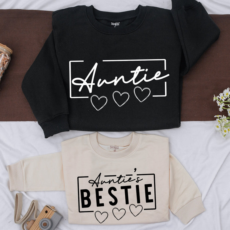Custom Auntie and Bestie Matching Sweatshirts Stylish Script Design Cozy Fall Family Outfit Baby Girl Gift Soft Cotton Romper