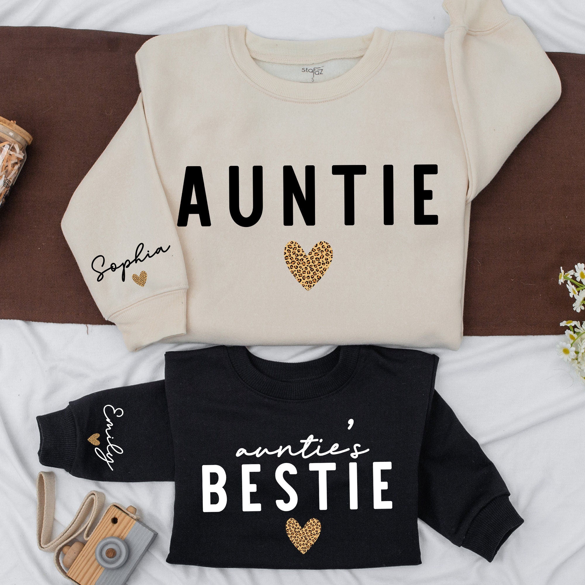Custom Auntie and Bestie Sweatshirts with Leopard Heart Personalized Family Gift Baby Girl Matching Outfit for Fall Season