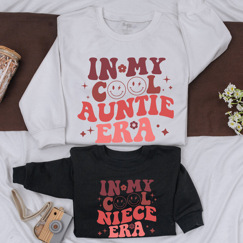 In My Cool Auntie Era Retro Sweatshirt Fun Gift for Trendy Aunts Colorful Design with Smiley Faces Ideal for Baby Showers Sister Gifts