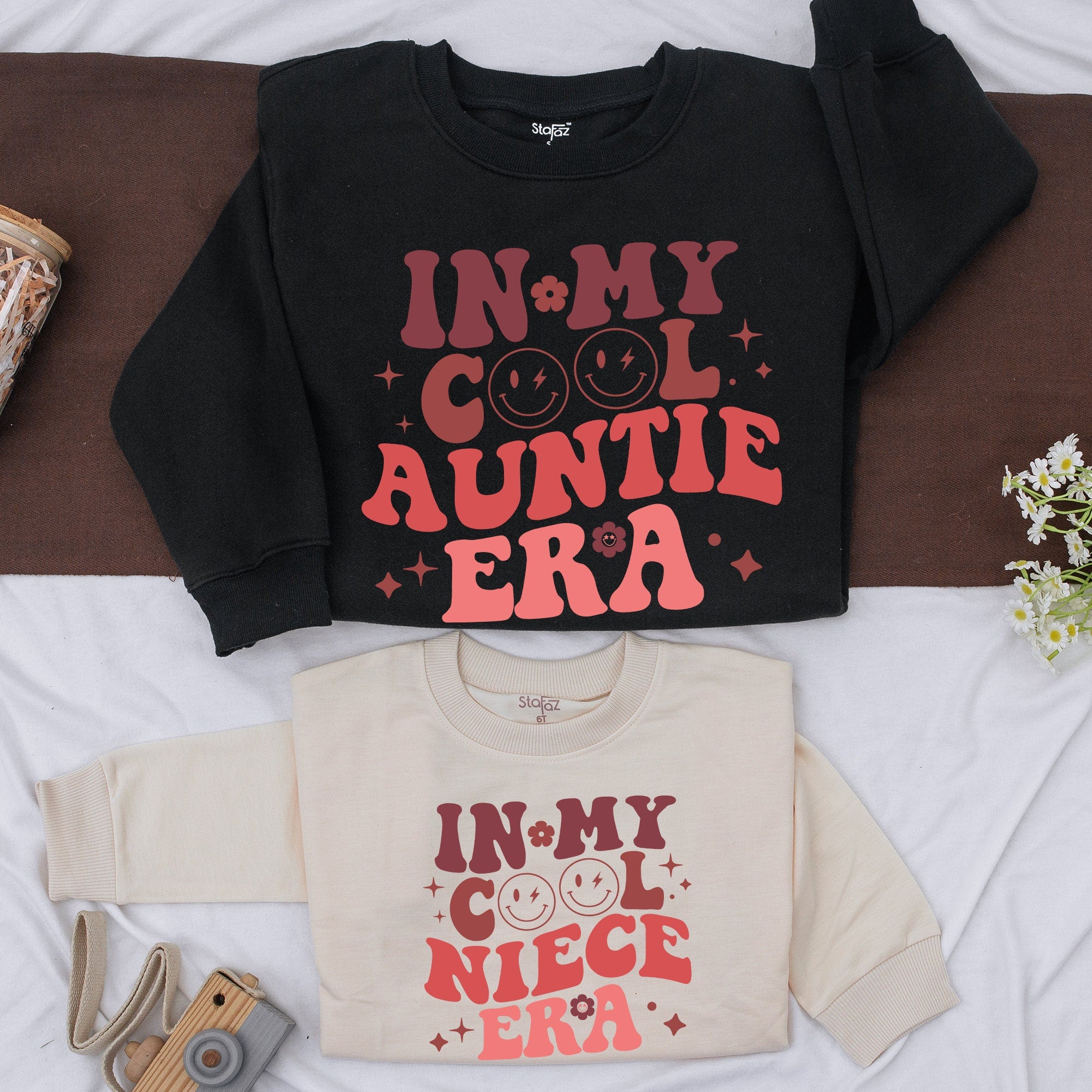 In My Cool Auntie Era Retro Sweatshirt Fun Gift for Trendy Aunts Colorful Design with Smiley Faces Ideal for Baby Showers Sister Gifts