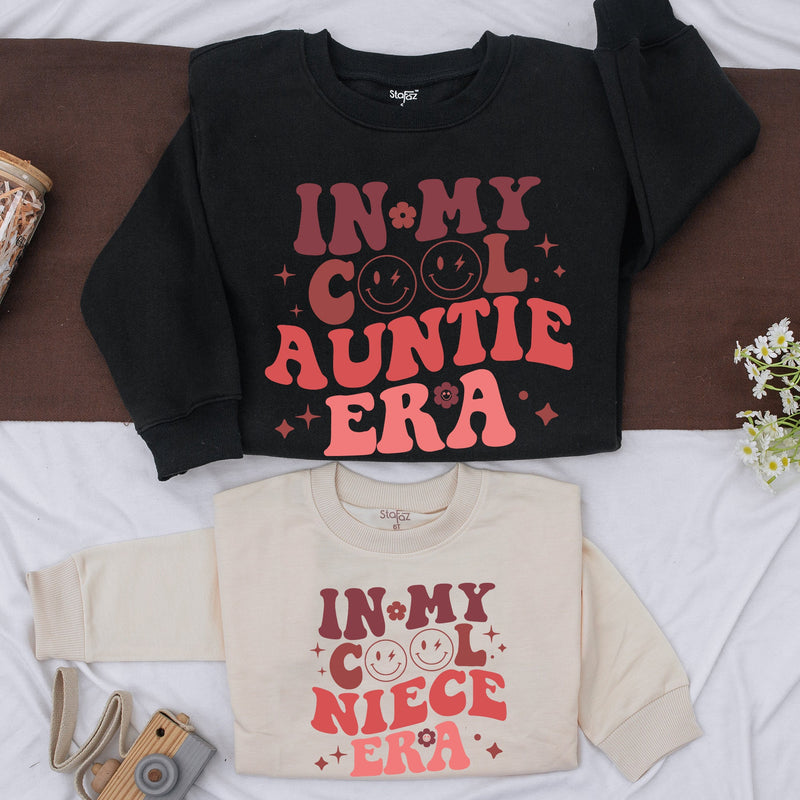 In My Cool Auntie Era Retro Sweatshirt Fun Gift for Trendy Aunts Colorful Design with Smiley Faces Ideal for Baby Showers Sister Gifts