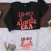 In My Cool Auntie Era Retro Sweatshirt Fun Gift for Trendy Aunts Colorful Design with Smiley Faces Ideal for Baby Showers Sister Gifts