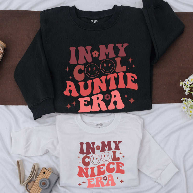 In My Cool Auntie Era Retro Sweatshirt Fun Gift for Trendy Aunts Colorful Design with Smiley Faces Ideal for Baby Showers Sister Gifts