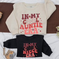 In My Cool Auntie Era Retro Sweatshirt Fun Gift for Trendy Aunts Colorful Design with Smiley Faces Ideal for Baby Showers Sister Gifts