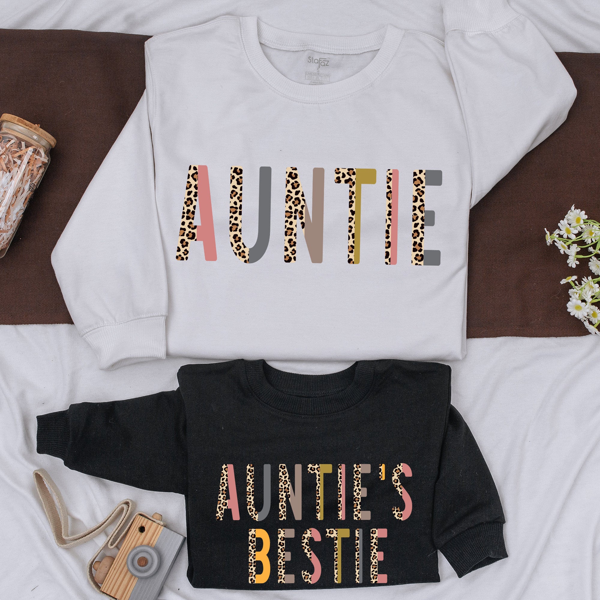 Custom Auntie and Bestie Leopard Print Sweatshirt Matching Family Outfit Baby Girl Fall Romper Gift Trendy Colorful Design
