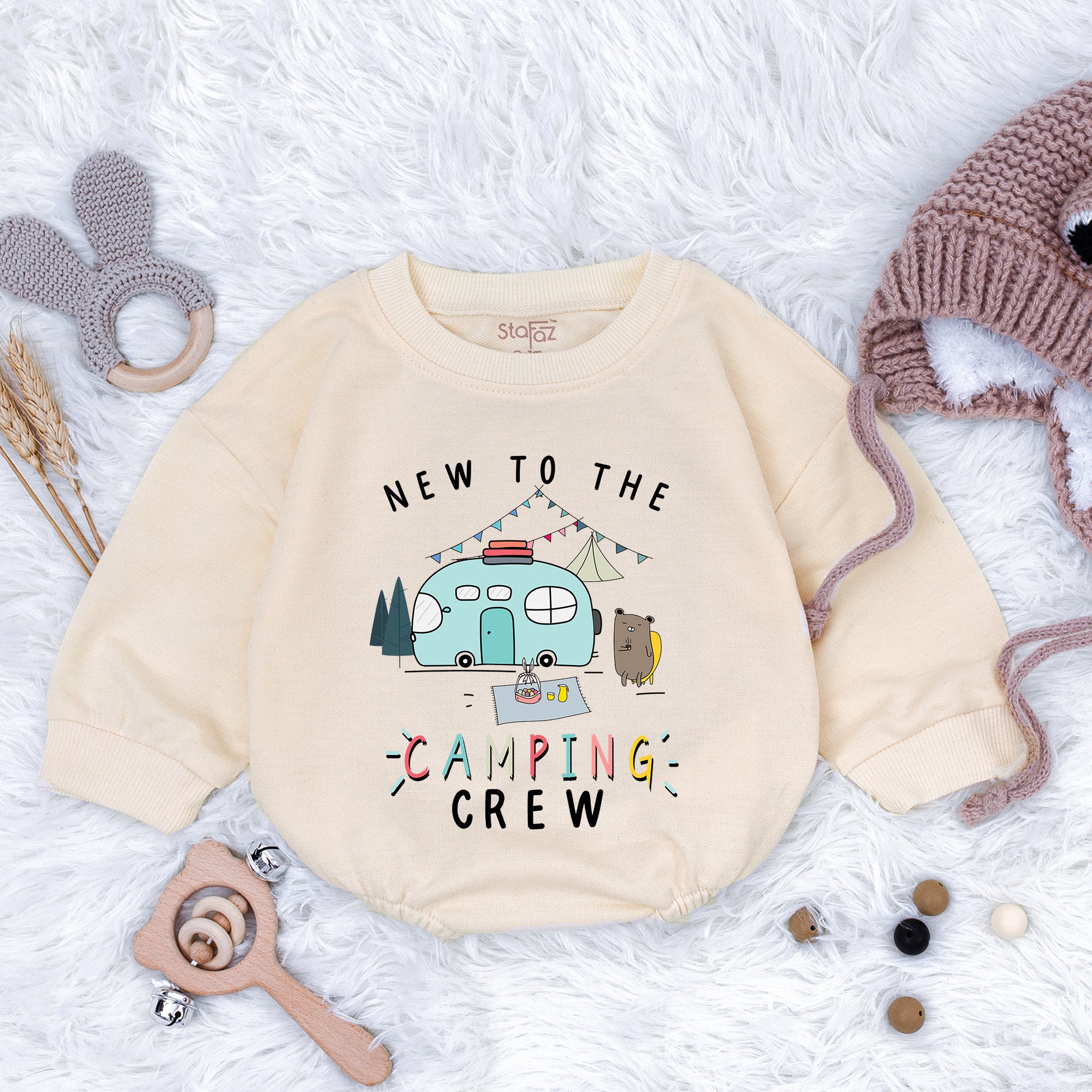 Adventurous New Camping Crew Baby Romper with Retro Van