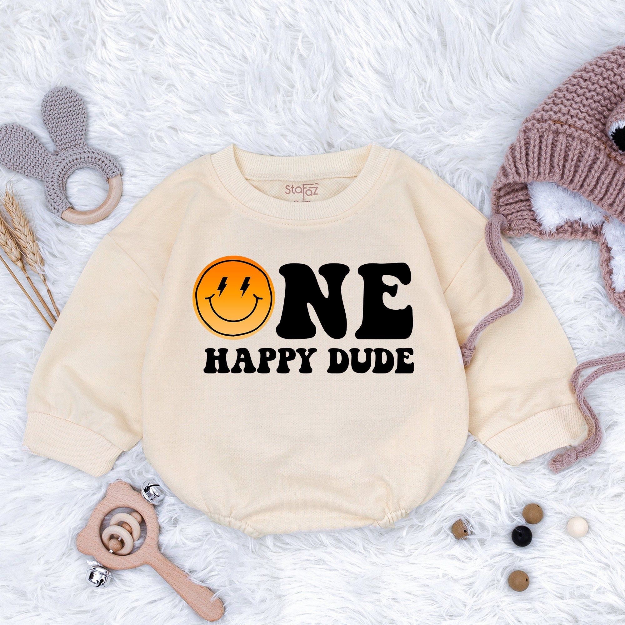 STAFAZ One Happy Dude 1st Birthday Romper with Smiley Face