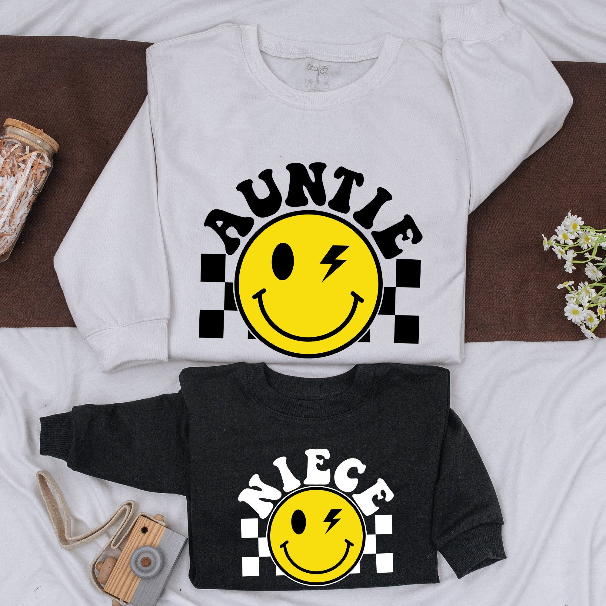 Custom Auntie Niece Matching Sweatshirts with Smiley Face Retro Design Fun Family Outfits Cotton Soft Gift for Baby Shower or Birthday