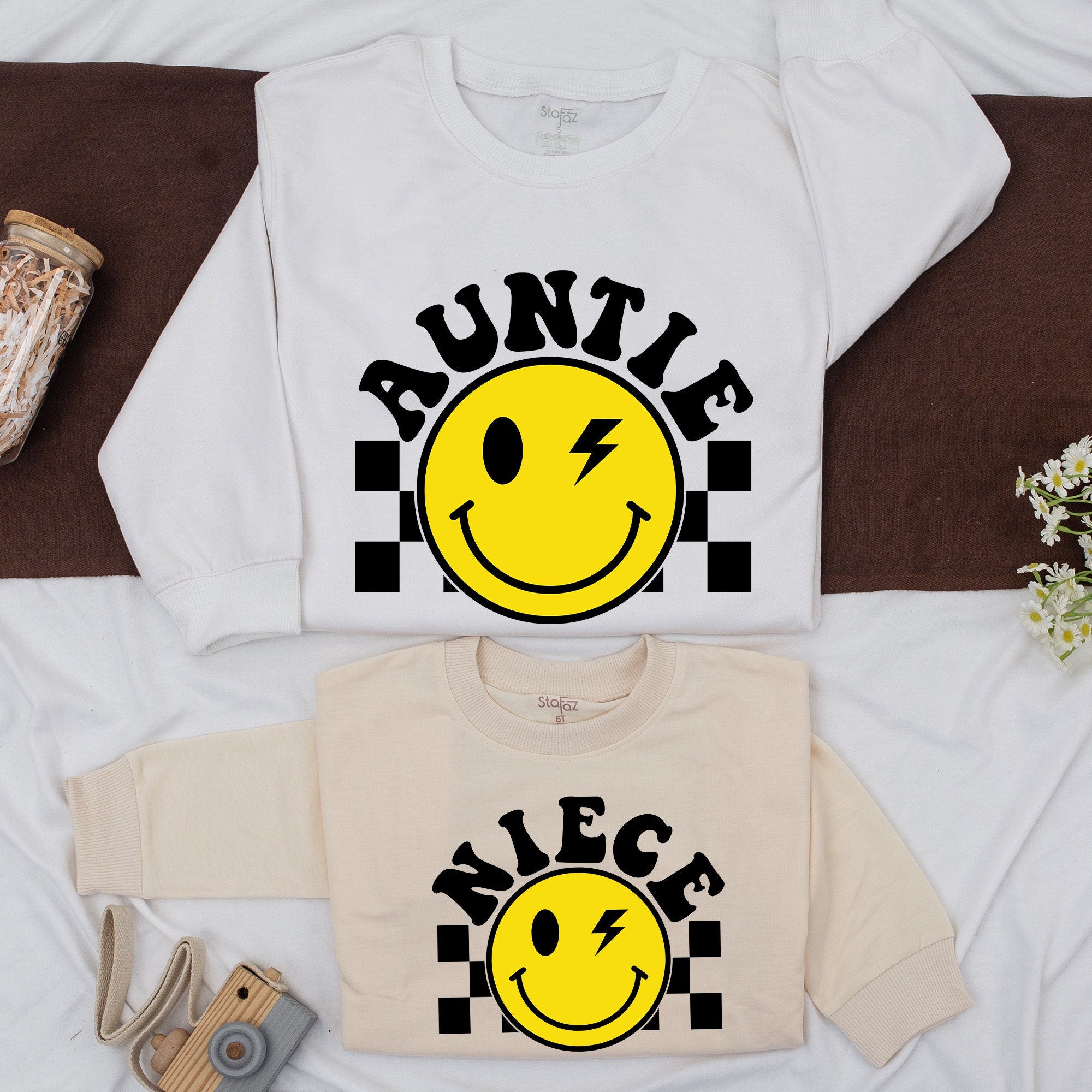 Custom Auntie Niece Matching Sweatshirts with Smiley Face Retro Design Fun Family Outfits Cotton Soft Gift for Baby Shower or Birthday