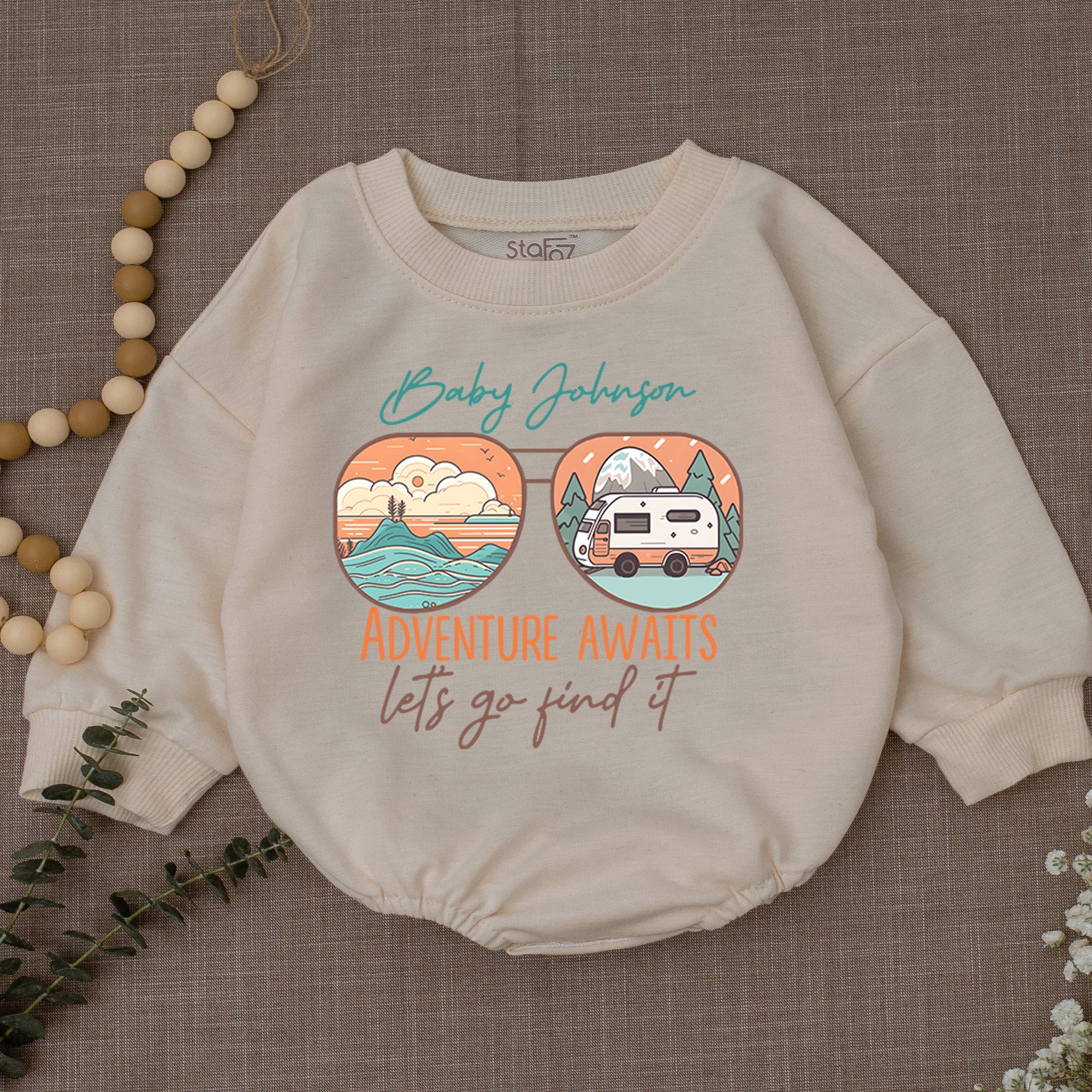 Adventure Awaits Baby Romper Personalized Newborn Outfit Custom Name Camping Design Soft Cotton Playtime Gift