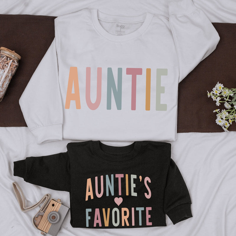 Custom Auntie and Favorite Sweatshirt Set Bright Pastel Colors Matching Family Outfit Soft Cotton Gift Baby Toddler Comfortable