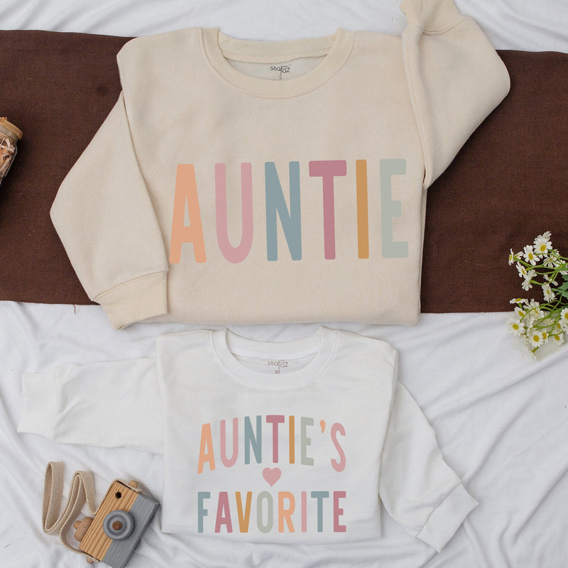 Custom Auntie and Favorite Sweatshirt Set Bright Pastel Colors Matching Family Outfit Soft Cotton Gift Baby Toddler Comfortable