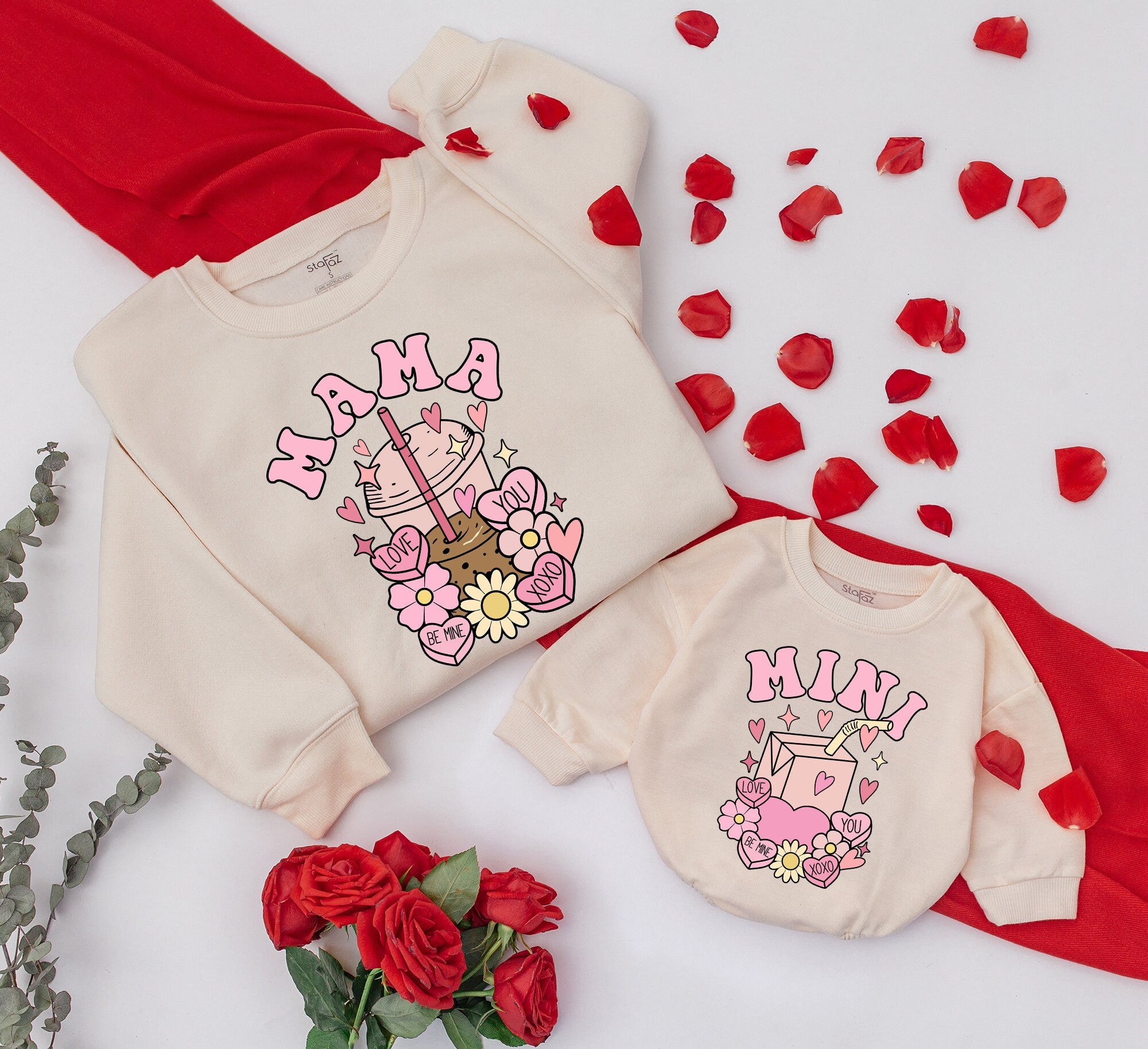 Personalized Mama and Mini Coffee Sweatshirt Whipped Cream Flowers Matching Mother Baby Outfit Custom Names Gift Pastel Cartoon Style