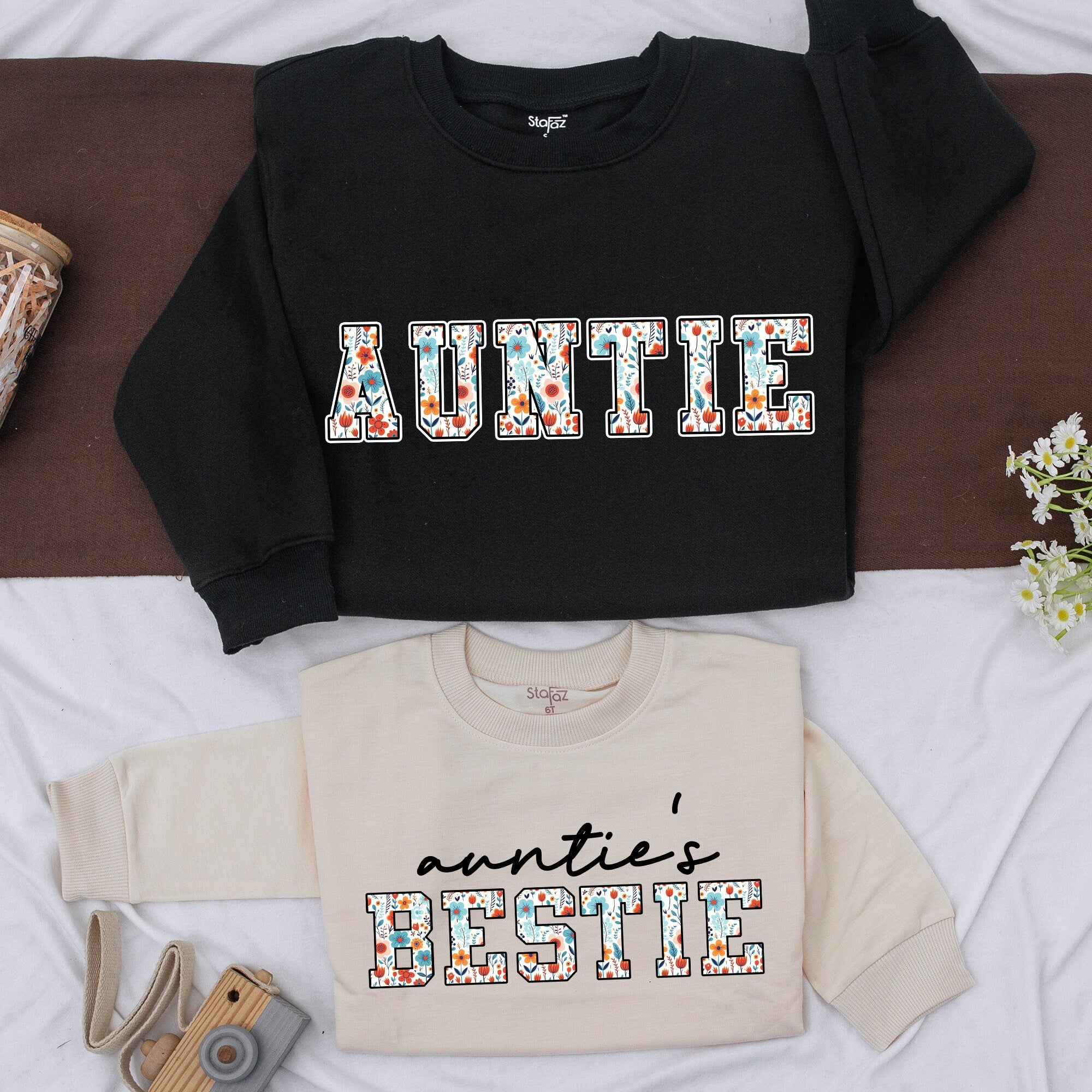 Custom Auntie and Bestie Floral Sweatshirts Playful Family Matching Outfit Gift For Her Cotton Soft Baby Romper Vibrant Design