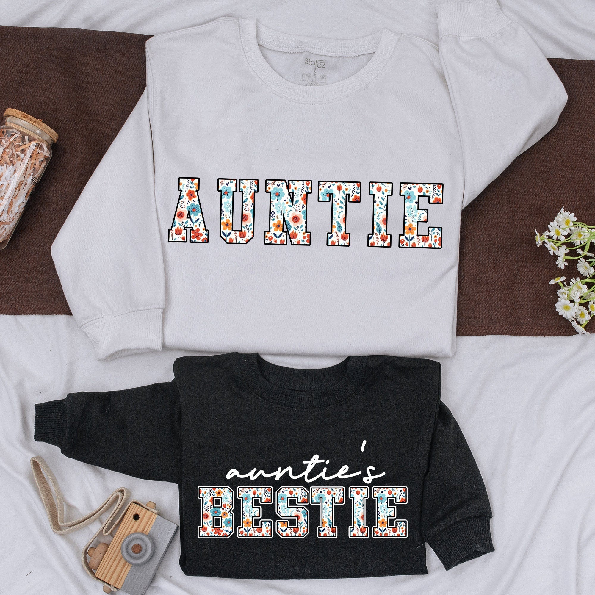 Custom Auntie and Bestie Floral Sweatshirts Playful Family Matching Outfit Gift For Her Cotton Soft Baby Romper Vibrant Design