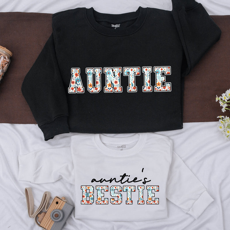 Custom Auntie and Bestie Floral Sweatshirts Playful Family Matching Outfit Gift For Her Cotton Soft Baby Romper Vibrant Design