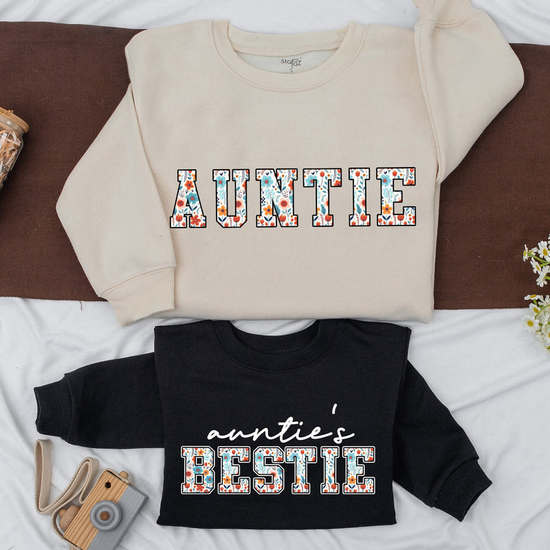 Custom Auntie and Bestie Floral Sweatshirts Playful Family Matching Outfit Gift For Her Cotton Soft Baby Romper Vibrant Design