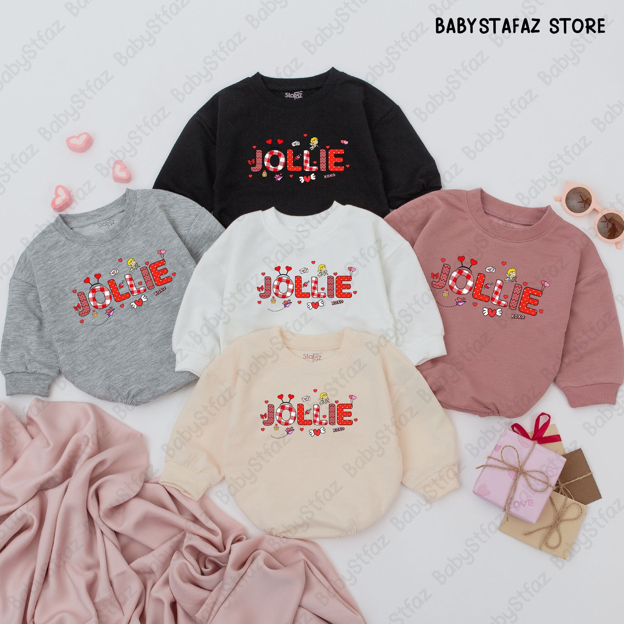 Custom Valentine Baby Romper Cheerful JOLLIE Design Heart Polka Dot Personalized Outfit Infant Toddler Girl Holiday Gift Red Pink White