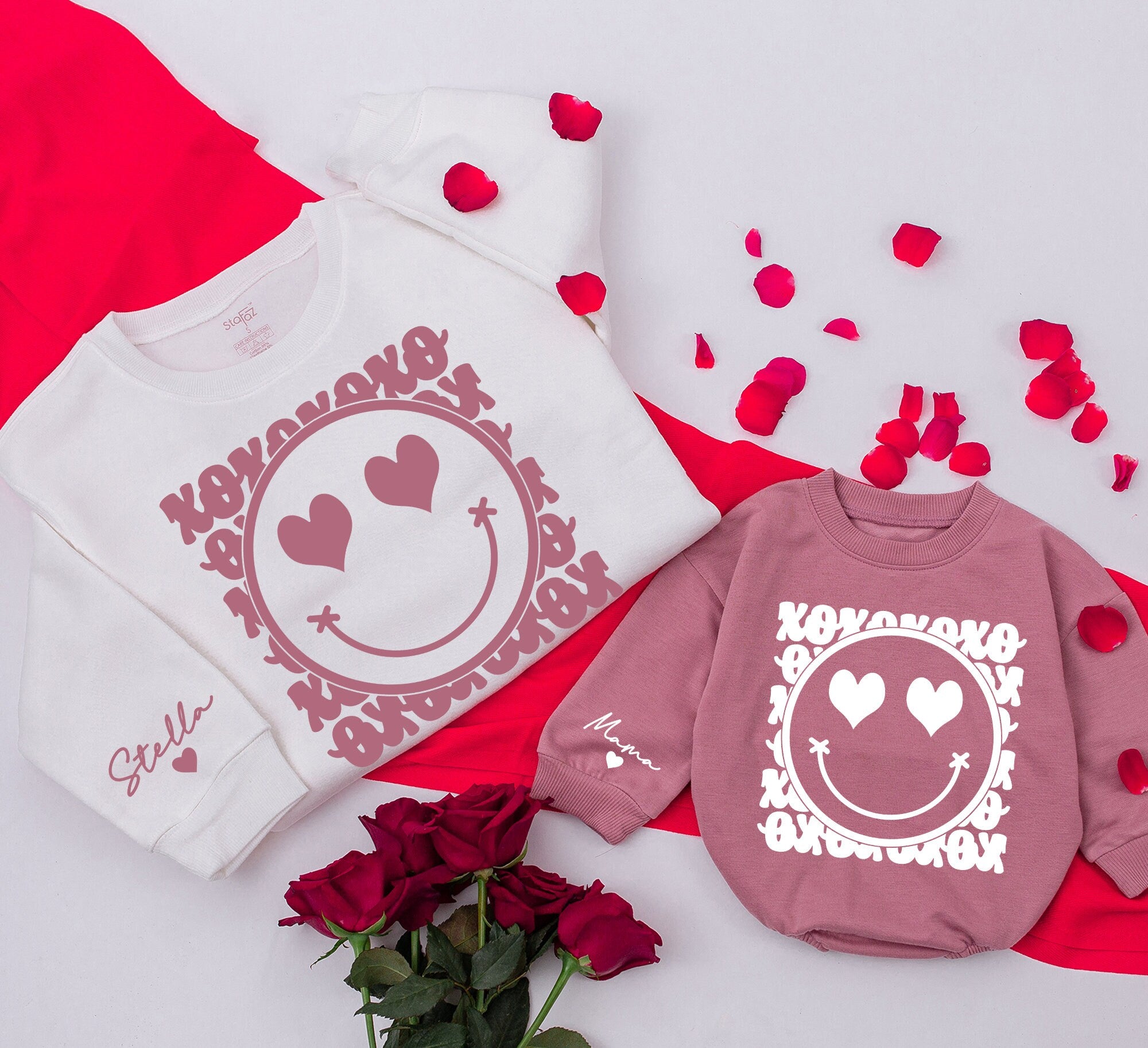 Personalized Retro Mommy and Me XOXO Sweatshirt Cute Smiley Face Heart Eyes Valentine Outfit Custom Names Soft Pink Cotton
