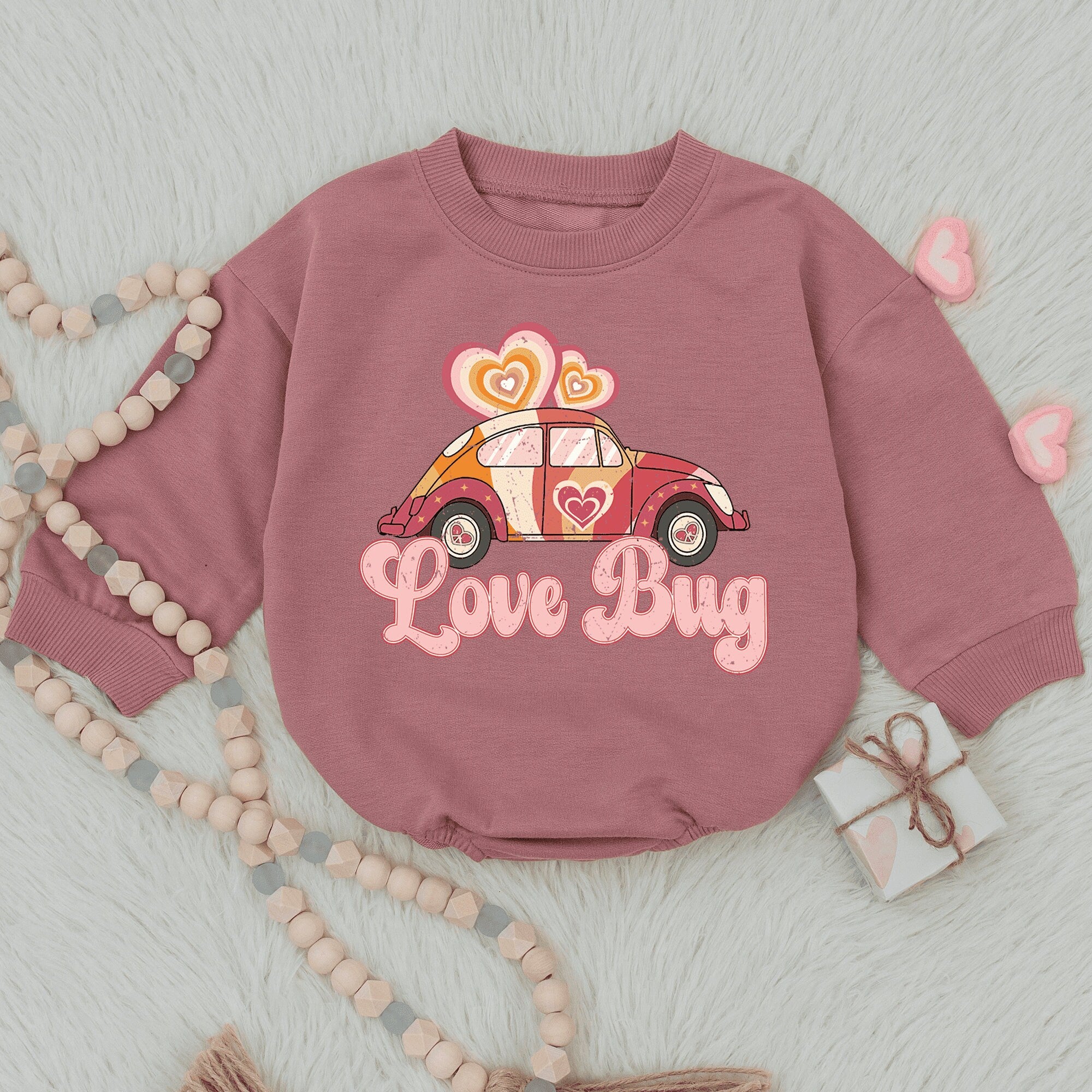 Love Bug Valentine Baby Romper Retro Car Design Pink Red Hearts Infant Outfit Cozy Cotton First Valentine's Day Gift