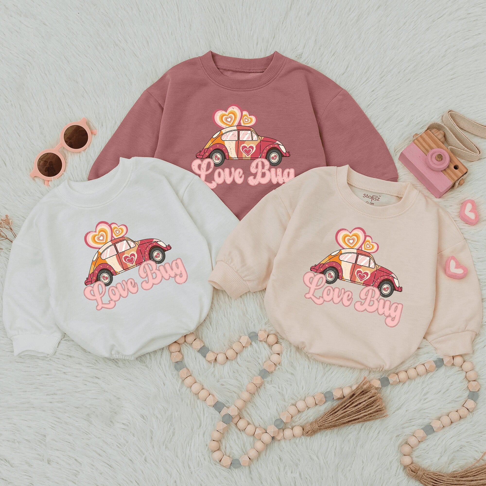 Love Bug Valentine Baby Romper Retro Car Design Pink Red Hearts Infant Outfit Cozy Cotton First Valentine's Day Gift
