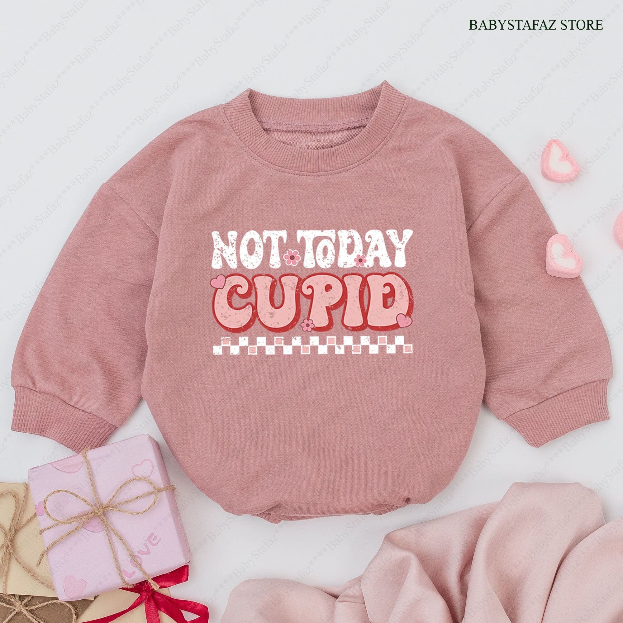 Not Today Cupid Baby Girl Romper Fun Valentine's Day Outfit with Heart and Swirl Designs Checkered Pattern First Valentine's Clothes