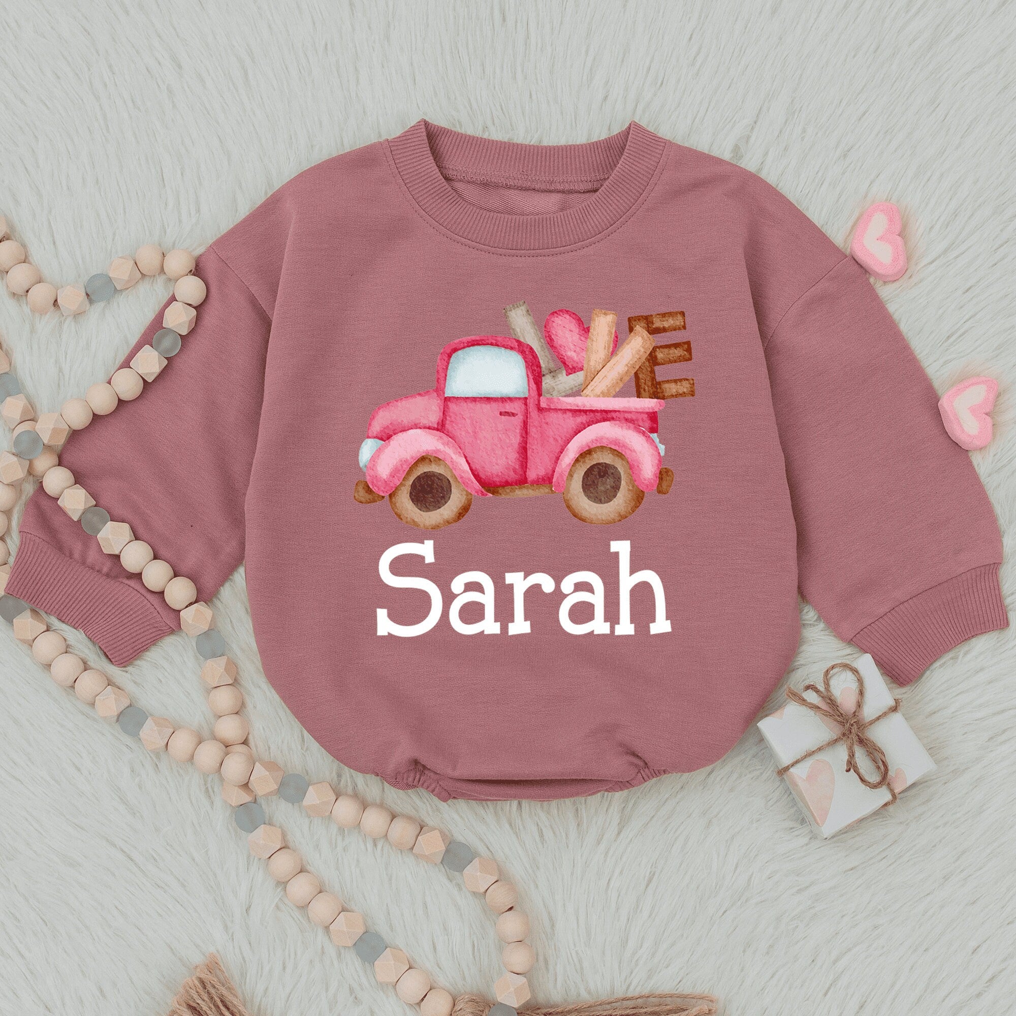 Charming Pink Truck Baby Romper with Heart Design Personalized Infant Outfit for Baby Girl Valentine's Day Celebration