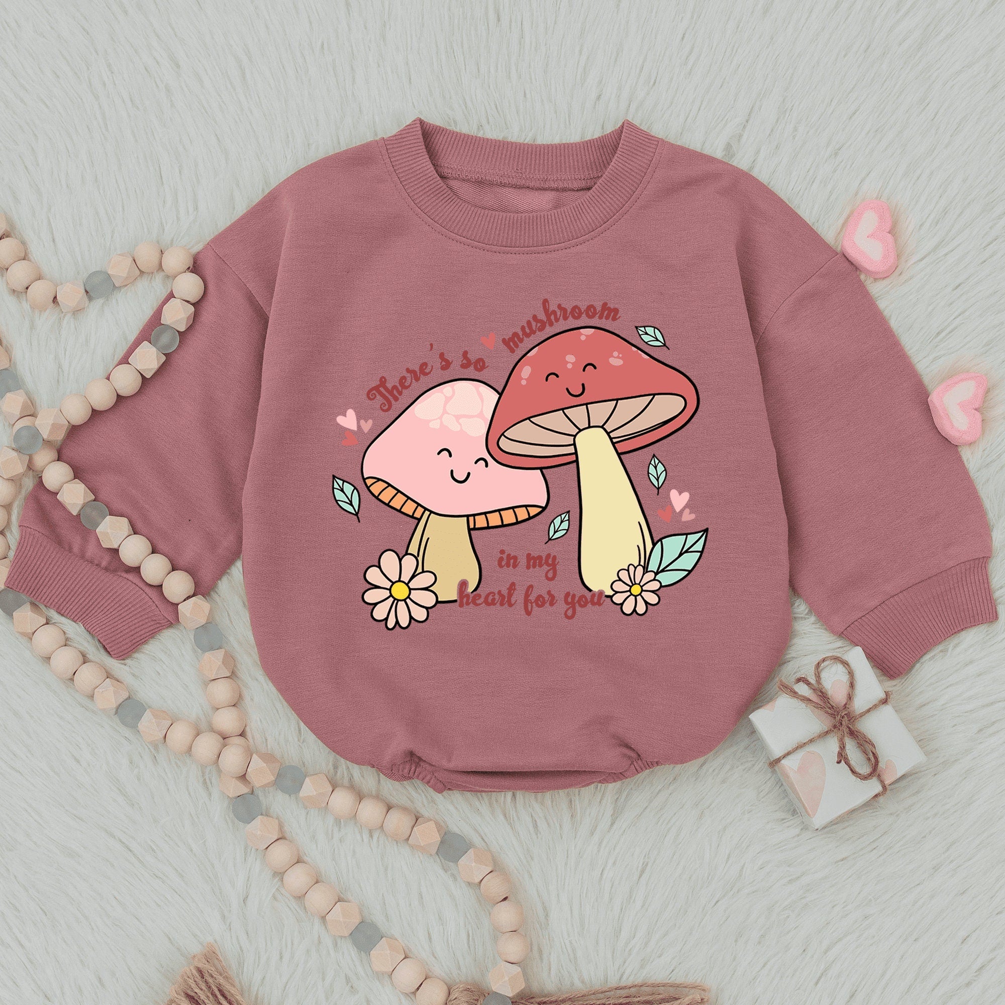 Cute Mushroom Baby Romper Valentine's Outfit Soft Pastel Colors Toddler Gift for Baby Girl Nature-Inspired Cotton Playful Bubble Clothes