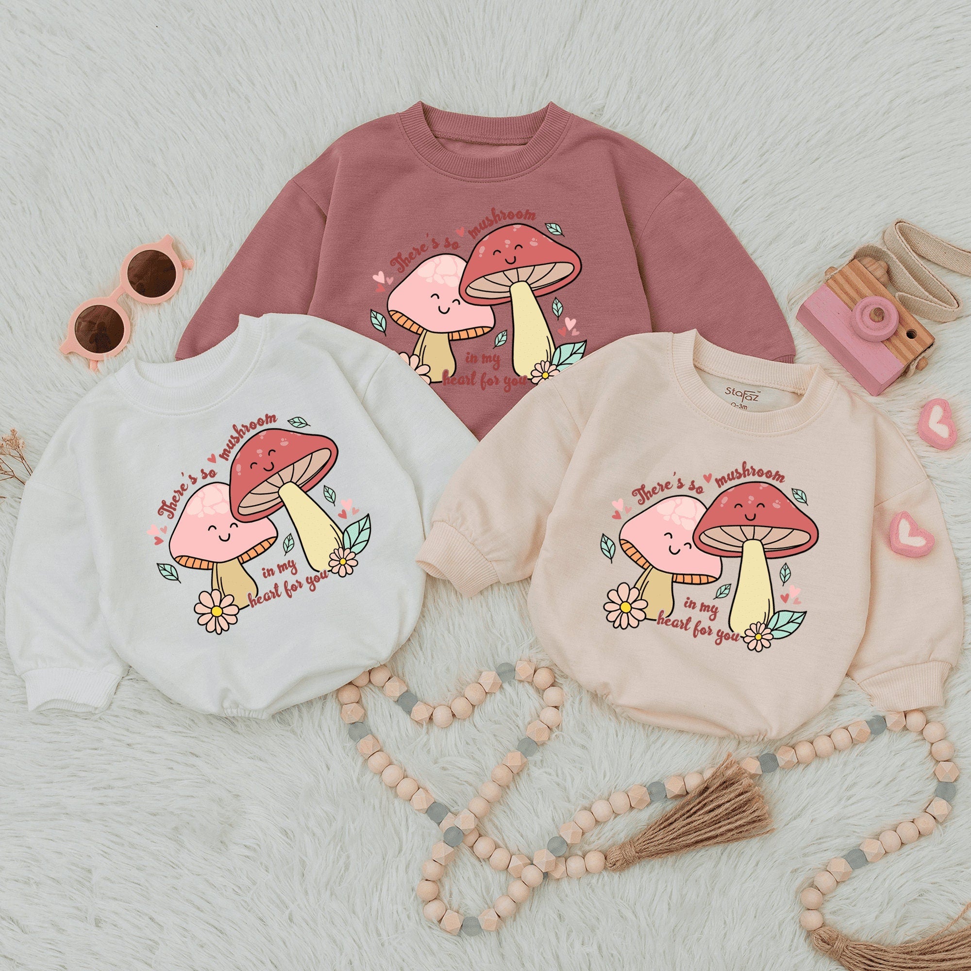 Cute Mushroom Baby Romper Valentine's Outfit Soft Pastel Colors Toddler Gift for Baby Girl Nature-Inspired Cotton Playful Bubble Clothes