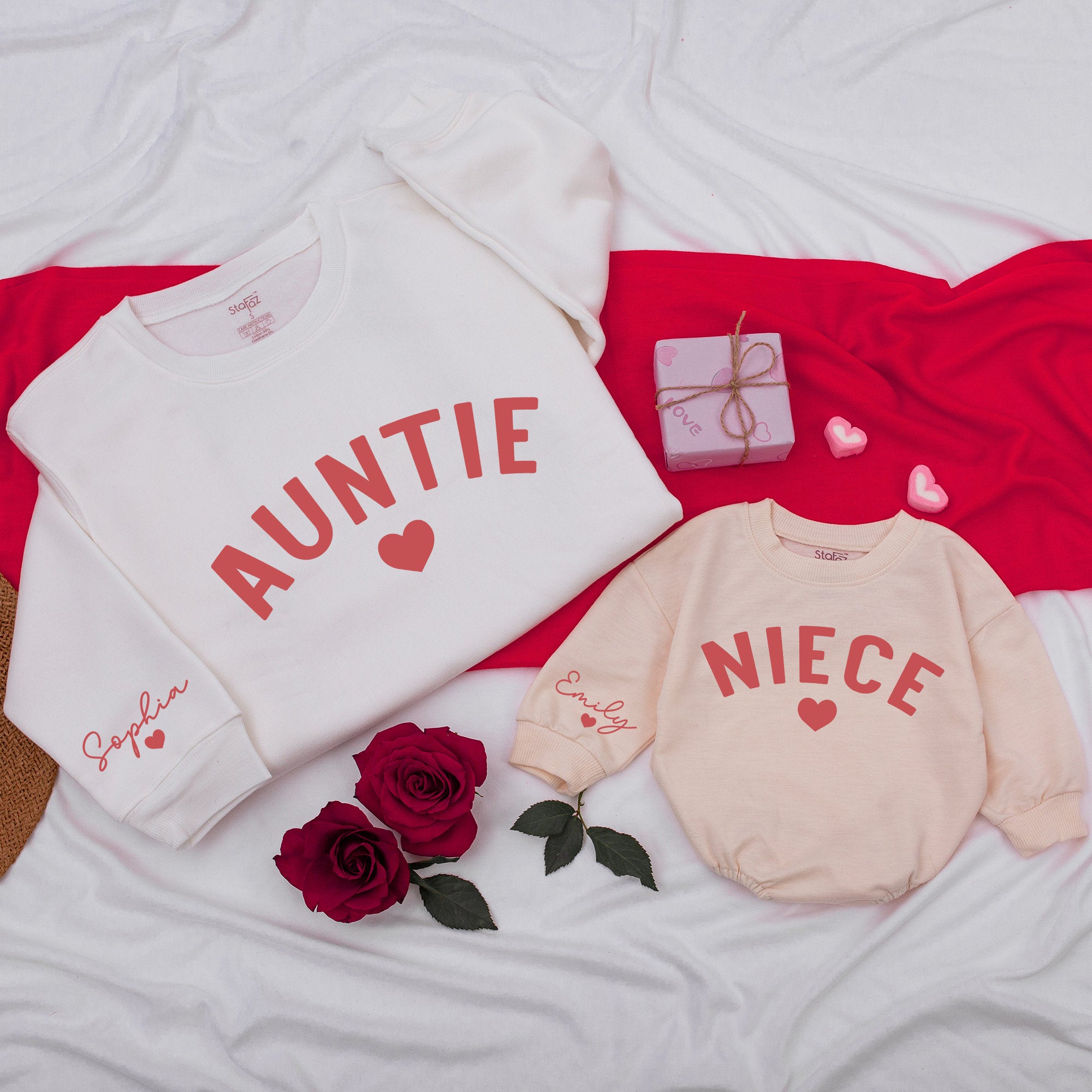 Personalized Auntie and Niece Sweatshirts with Names and Heart Design Custom Family Matching Valentine's Day or Mother's Day Gift