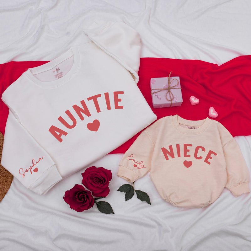 Personalized Auntie and Niece Sweatshirts with Names and Heart Design Custom Family Matching Valentine's Day or Mother's Day Gift