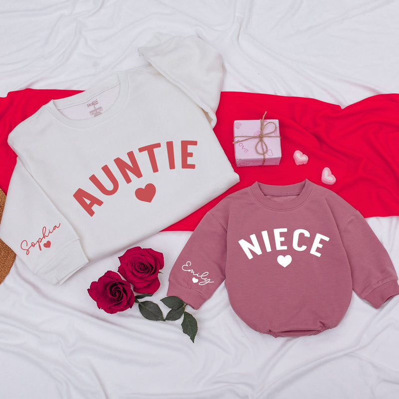 Personalized Auntie and Niece Sweatshirts with Names and Heart Design Custom Family Matching Valentine's Day or Mother's Day Gift