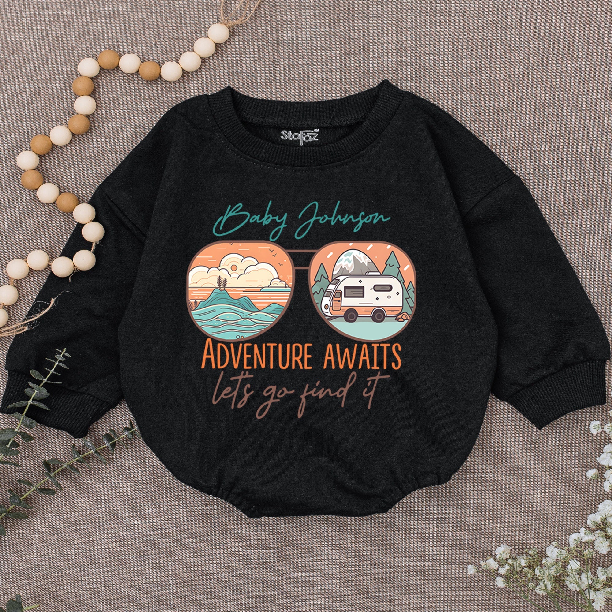 Adventure Awaits Baby Romper Personalized Newborn Outfit Custom Name Camping Design Soft Cotton Playtime Gift