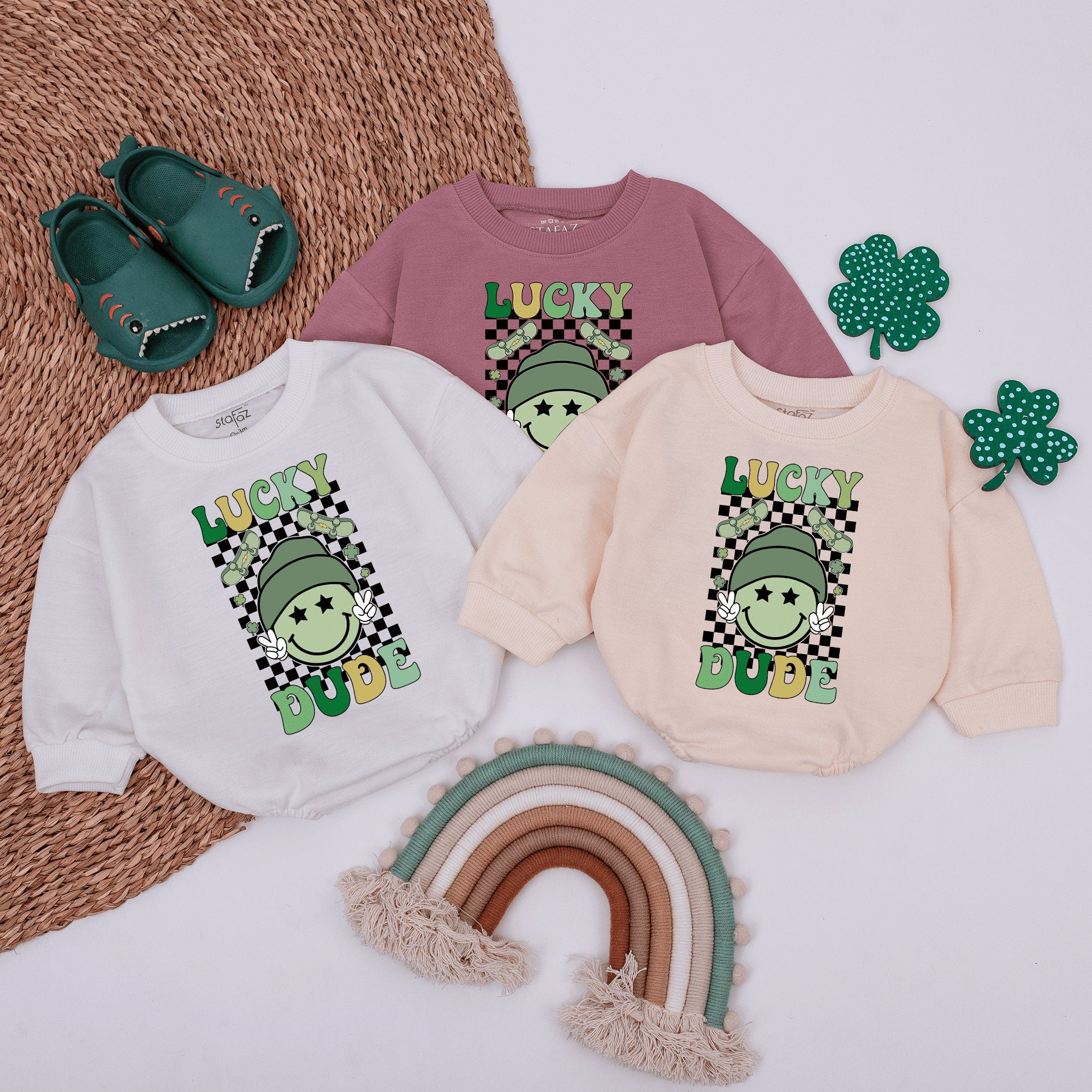 Lucky Dude Baby Romper with Smiley Face Beanie St Patrick's Day Outfit Kids Shirt Fun Green Yellow Design Checkered Pattern Cotton Soft