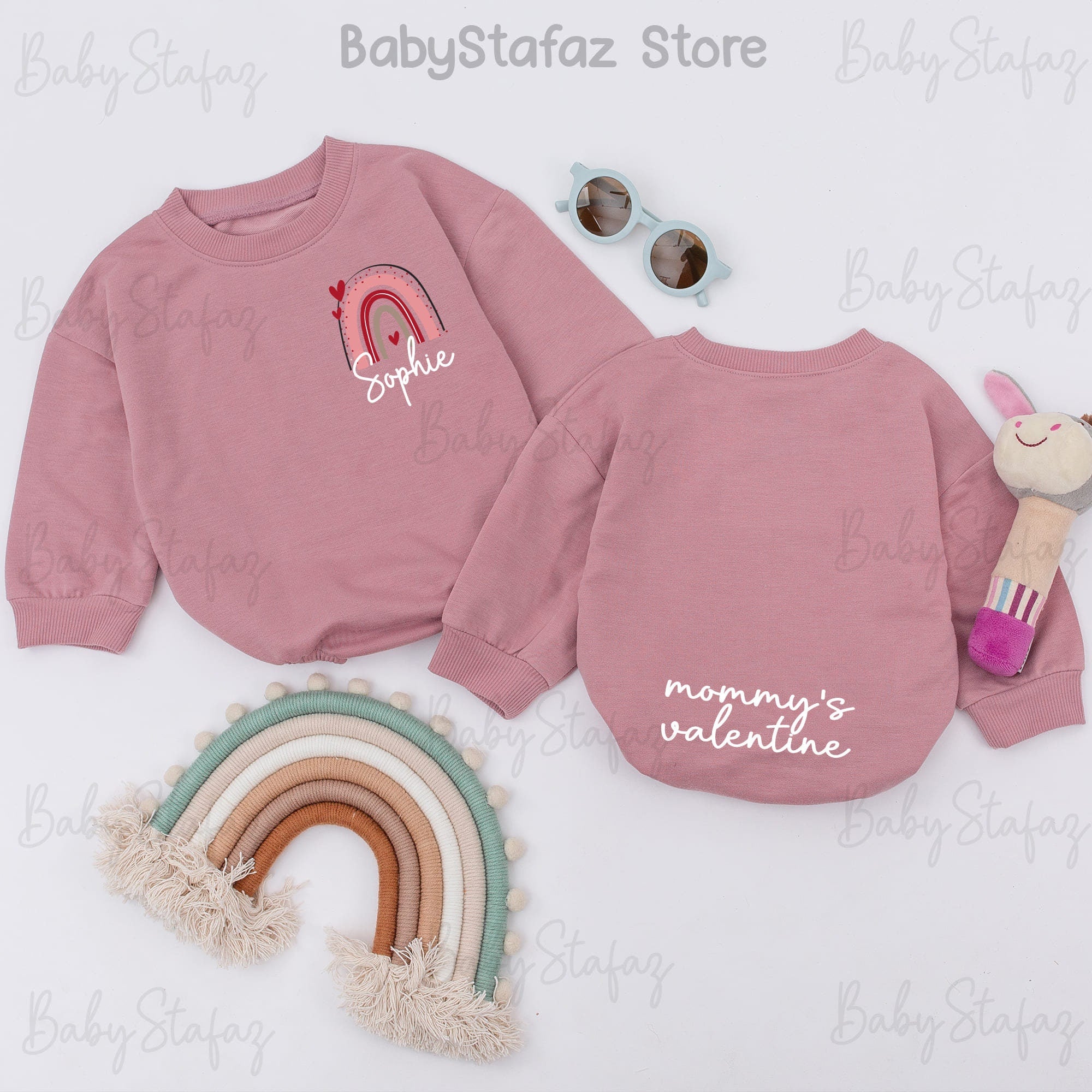 Personalized Valentine's Baby Romper with Pink Rainbow Heart Design Mommy's Valentine Outfit for Girls First Valentine's Day Gift