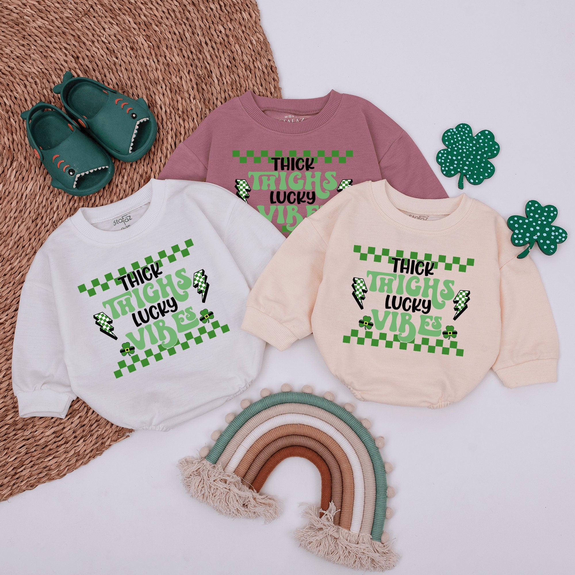 Thick Thighs Lucky Vibes Baby Romper St. Patrick's Day Outfit Infant Clothes Cotton Soft Newborn Gift Green Shamrock Design