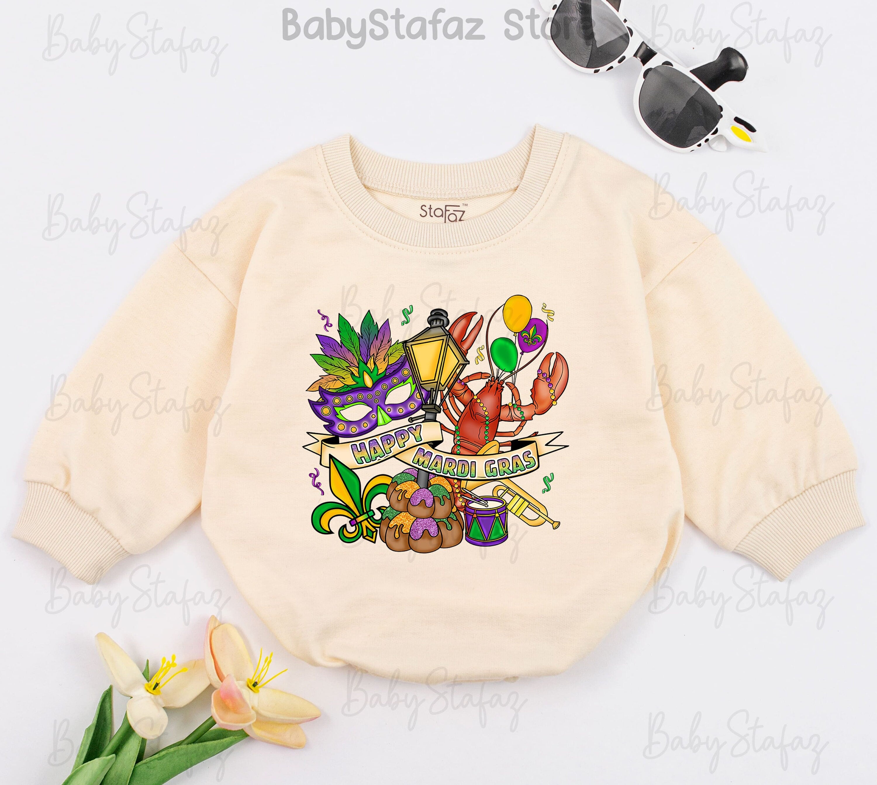 Vibrant Mardi Gras Baby Romper with Mask Crawfish Beads for Girls Parade Holiday Outfit Comfortable Cotton 1st Celebration Apparel