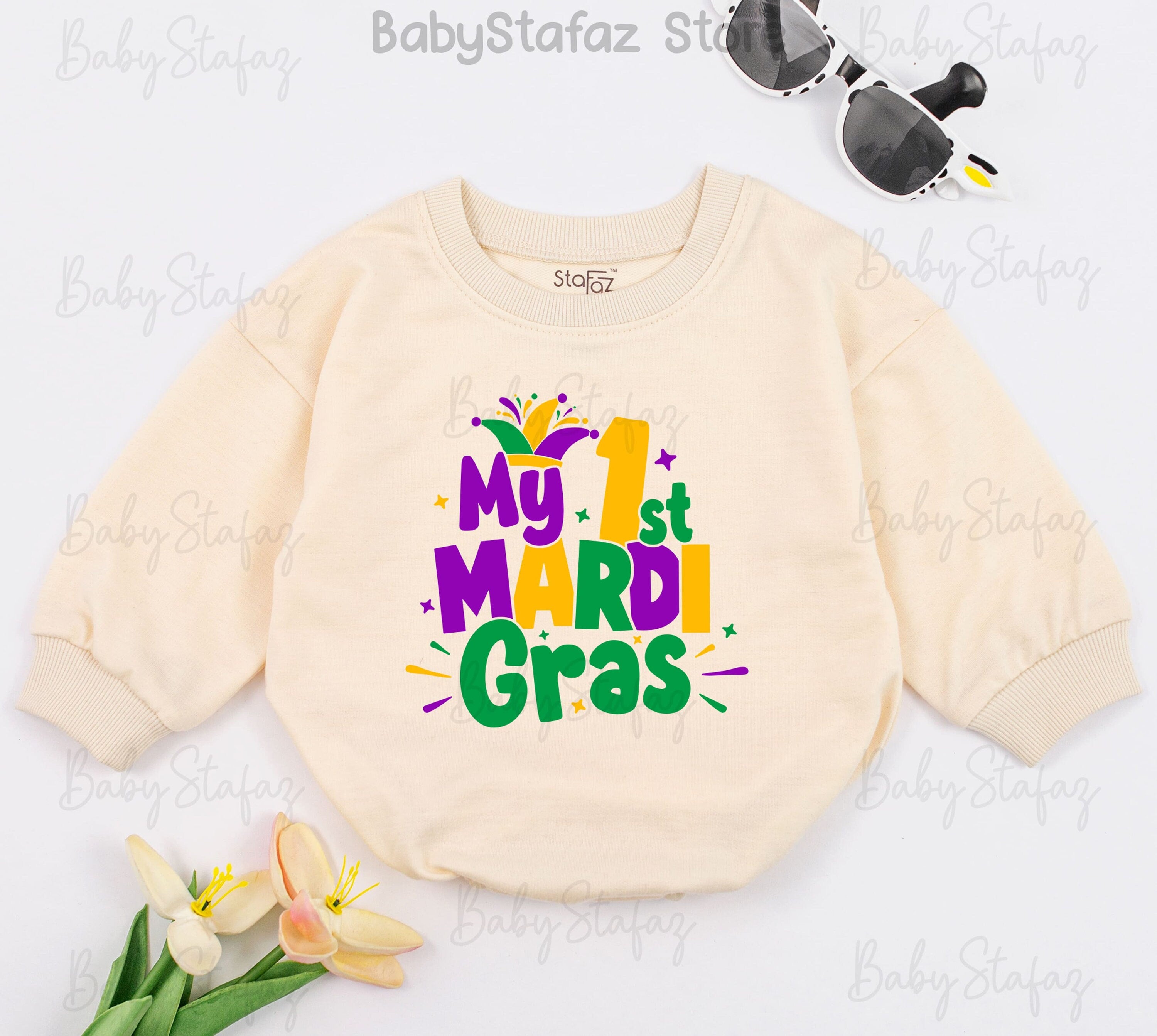 My 1st Mardi Gras Baby Outfit Vibrant Romper for Festive Fun Infant Apparel Perfect for Parades Baby Shower Gift Purple Yellow Green Design