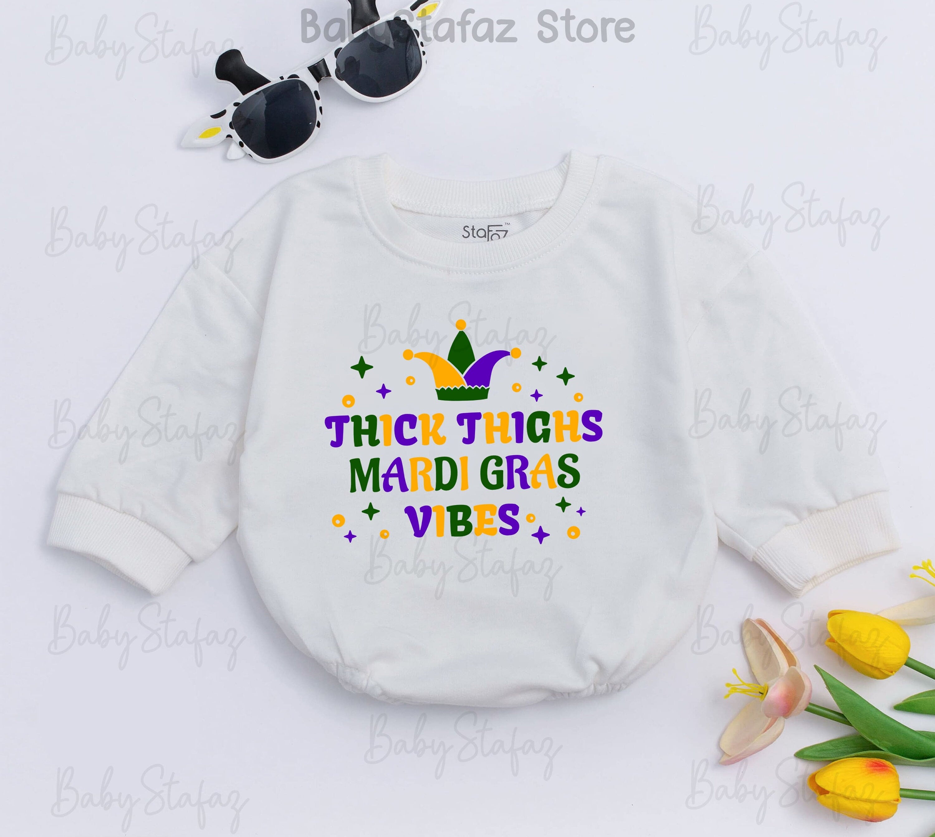 Thick Thighs Mardi Gras Vibes Baby Romper Jester Hat Festive Outfit Colorful First Parade Infant Clothes Soft Cotton Comfortable