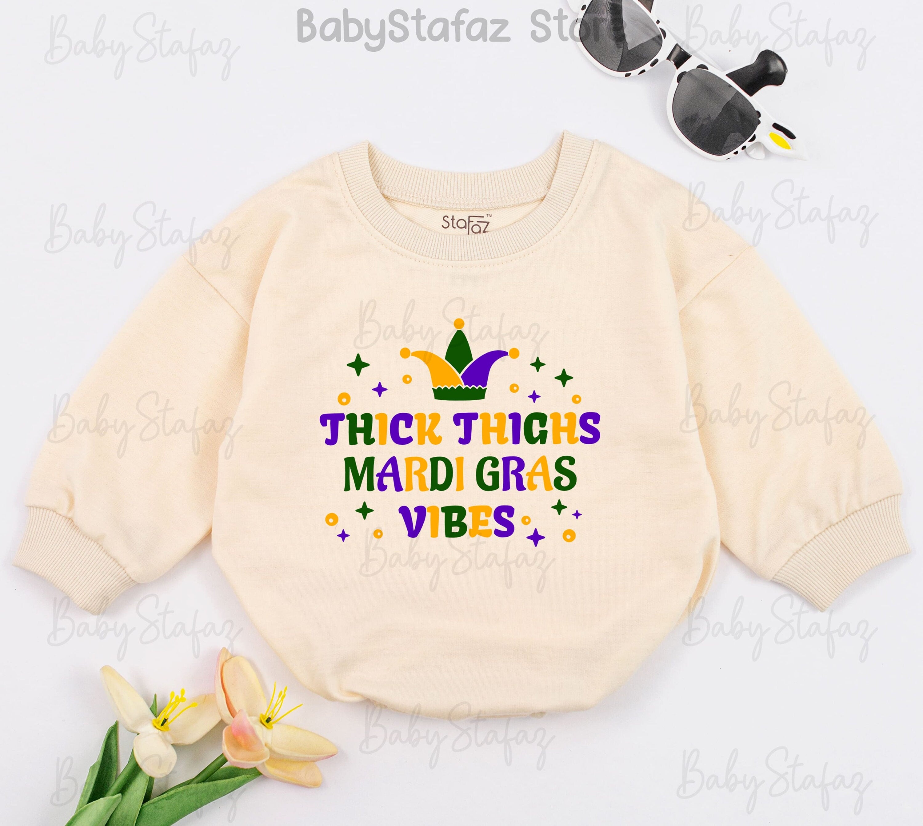 Thick Thighs Mardi Gras Vibes Baby Romper Jester Hat Festive Outfit Colorful First Parade Infant Clothes Soft Cotton Comfortable