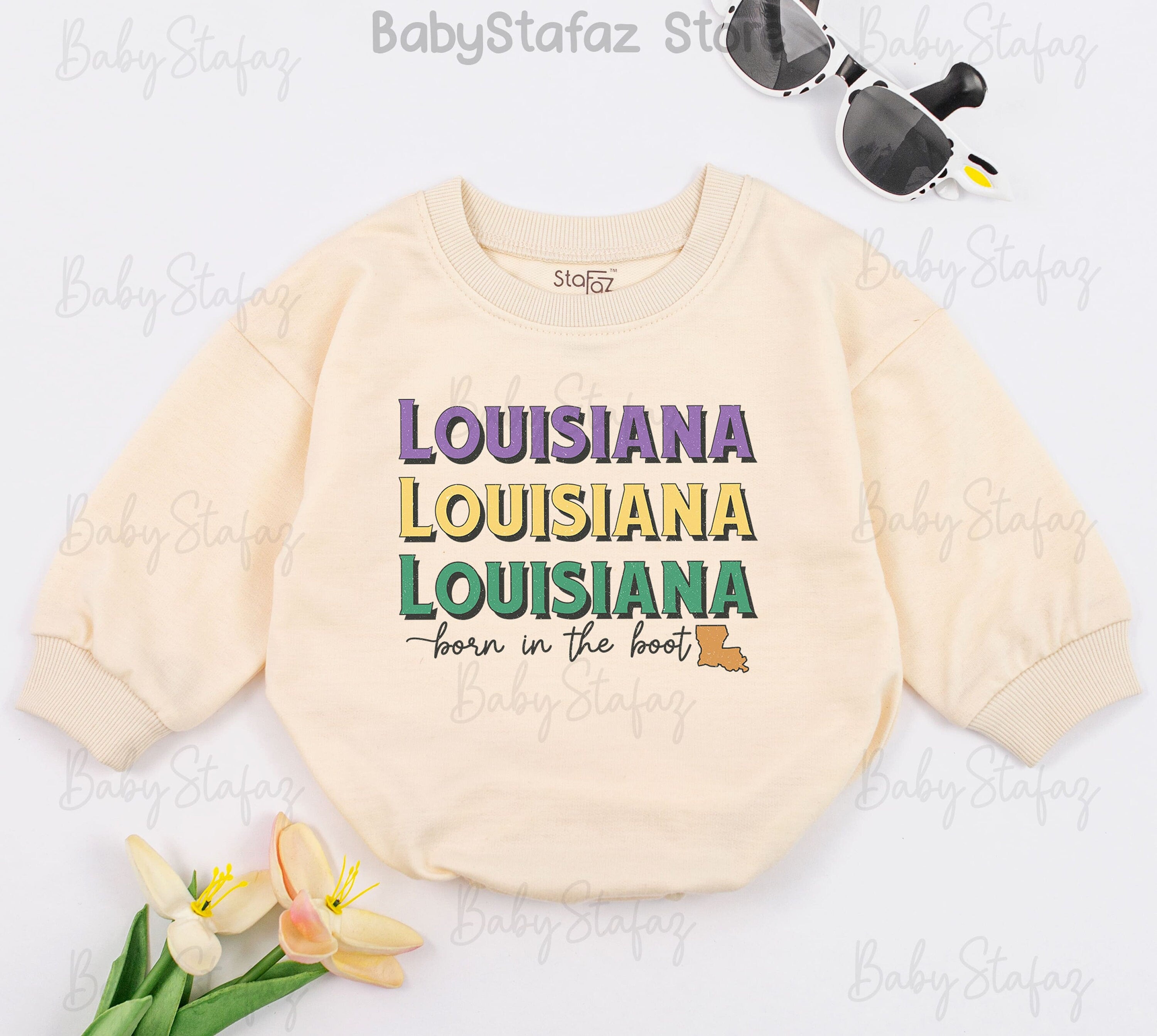 Mardi Gras Baby Romper with Louisiana Boot Design